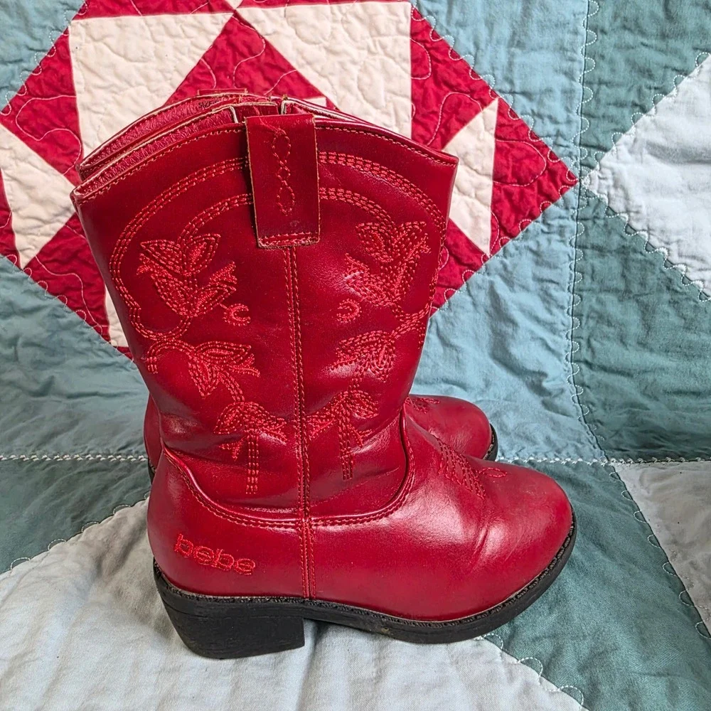 Bebe Girls Red Western Cowboy Boots Size 9 Toddler Embroidered Side Zip